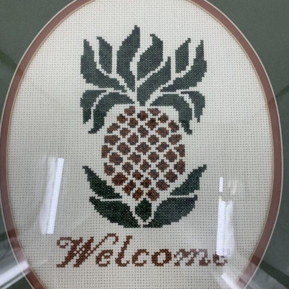 Welcome Pineapple Finished Cross Stitch Wall Art Vintage 14" x 12" - Picture 2 of 4